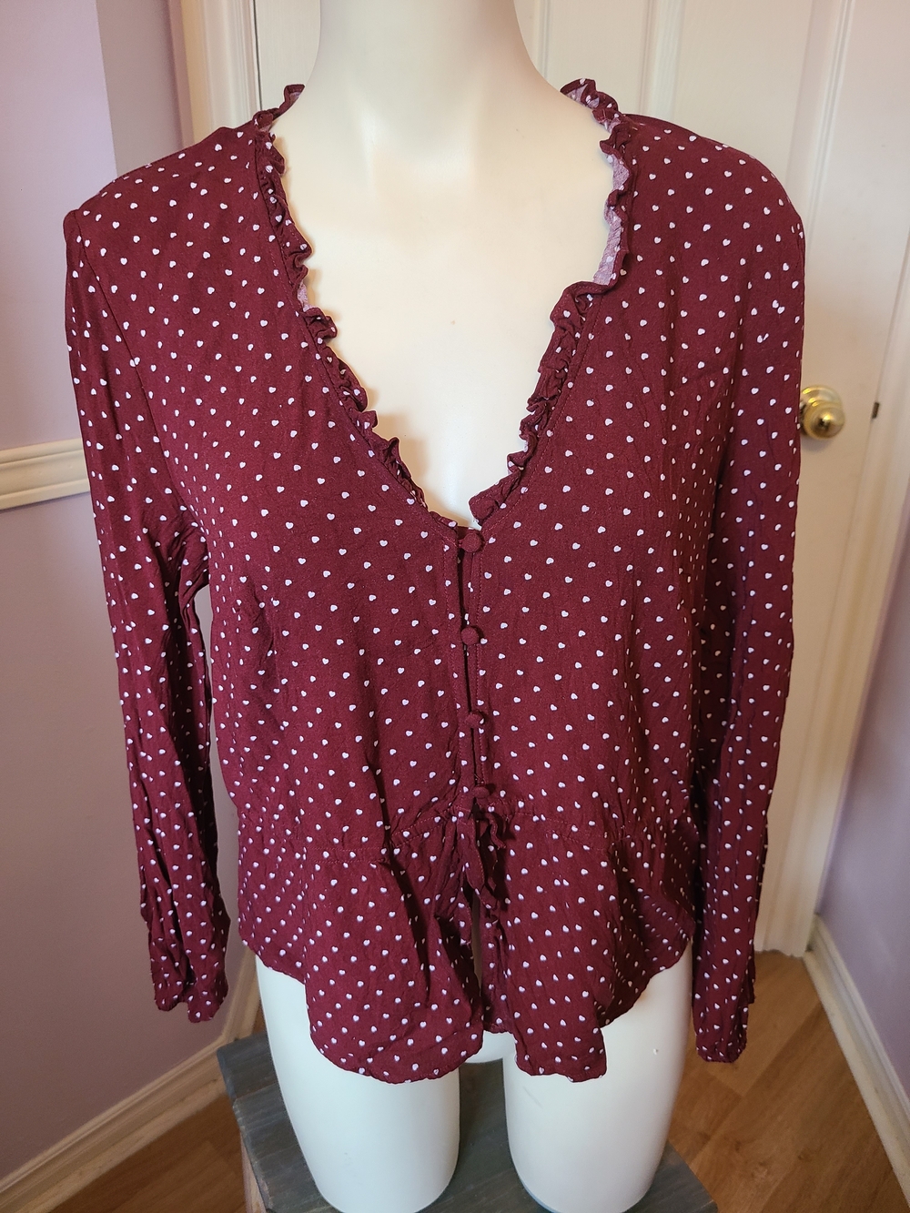 Divided Burgundy Polka Dot Button-Down Ruffle Blouse